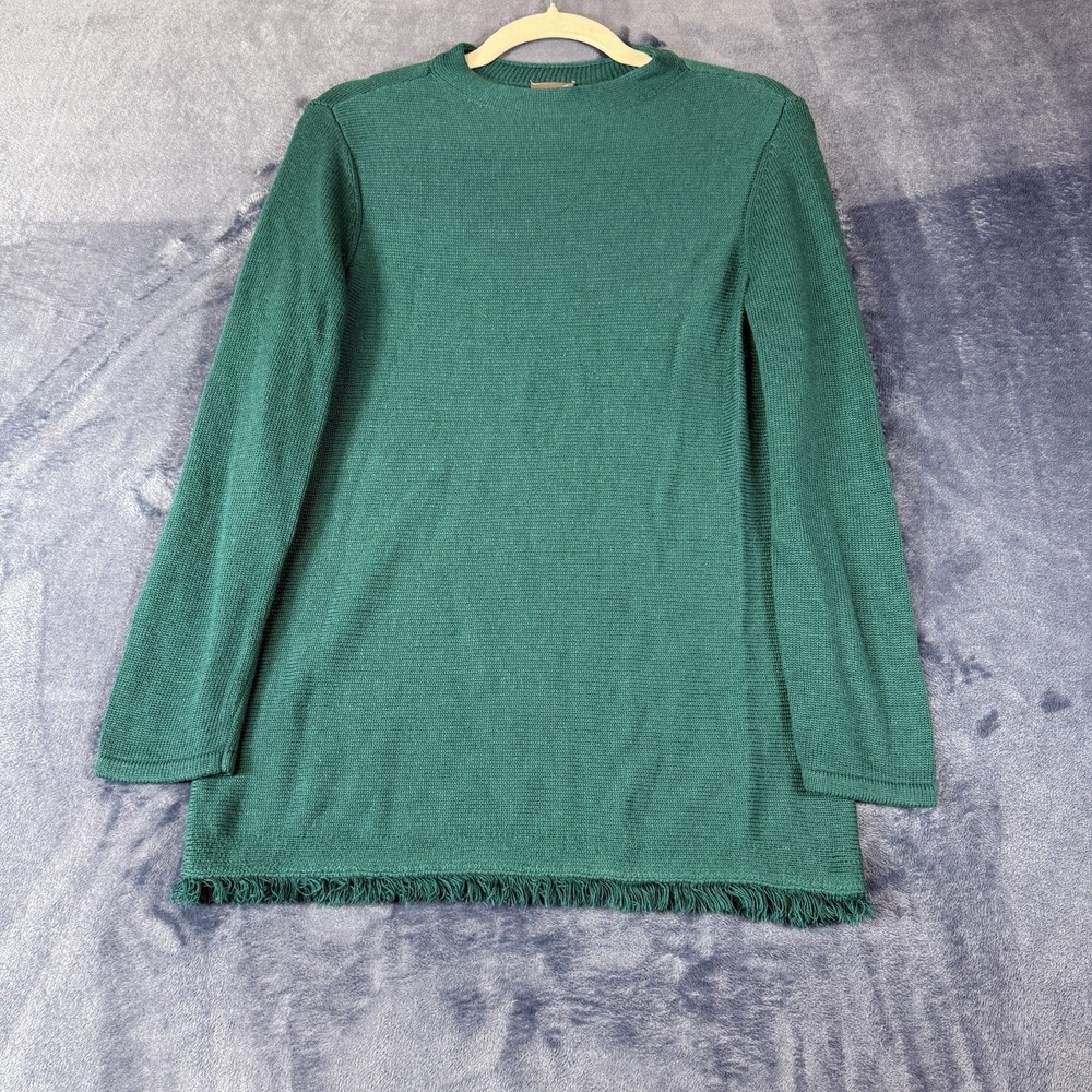 Chicos Womens Green Long Sleeve Fringe Hem Tunic Sweater Size 1 Medium